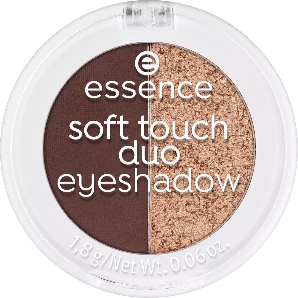 Essence Soft Touch Duo Lidschatten. Rundes, weißes Döschen mit zwei Lidschattenfarben: Braun und Gold. Deckel geschlossen.