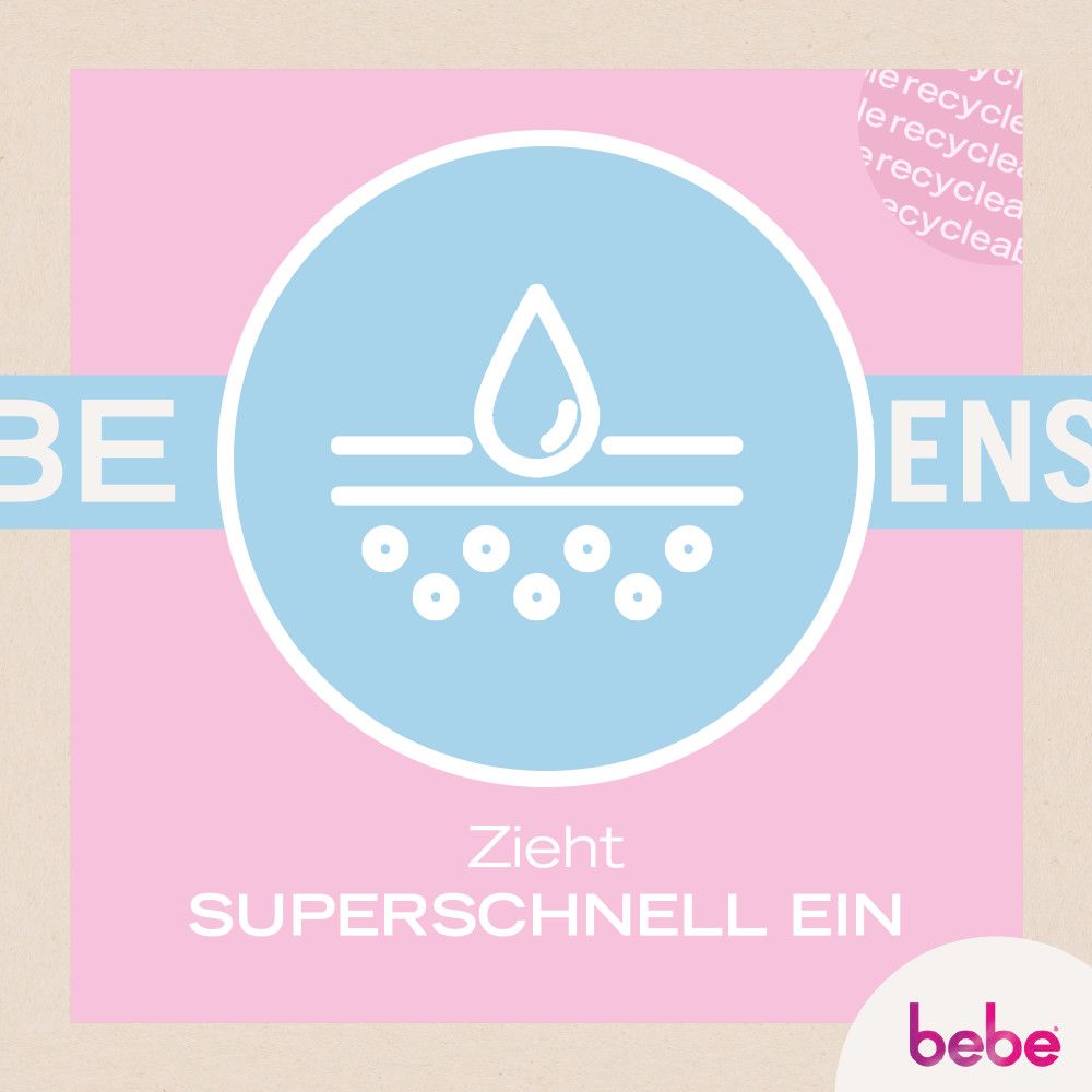 Blaues Icon mit Tropfen und Haut. Text: Zieht superschnell ein. Marke: bebe.
