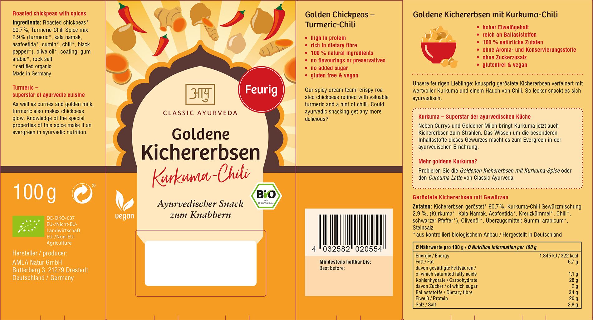 Verpackung von Classic Ayurveda - Goldene Kichererbsen, Kurkuma-Chili. Text, Zutaten, Nährwertangaben, Bio-Siegel, Barcode.