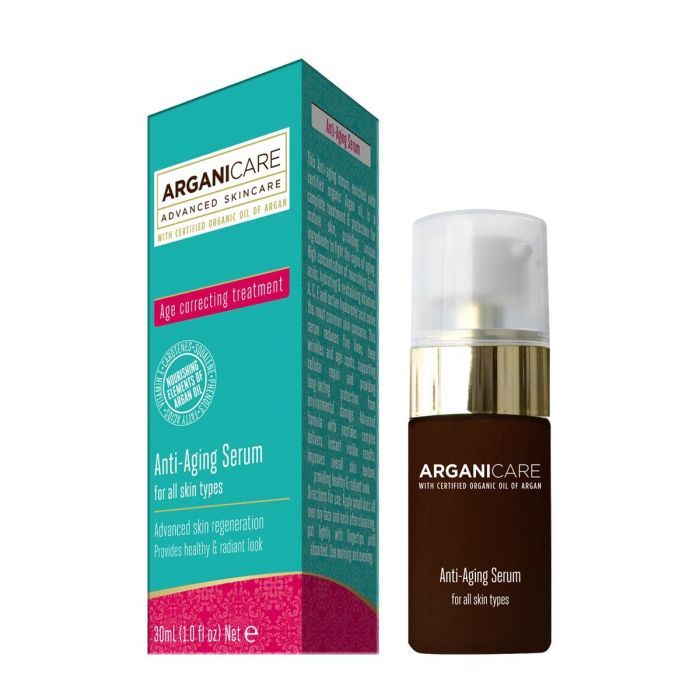 Arganicare Anti-Aging Serum, Flasche und Verpackung. Text: Anti-Aging Serum für alle Hauttypen. Mit Arganöl.