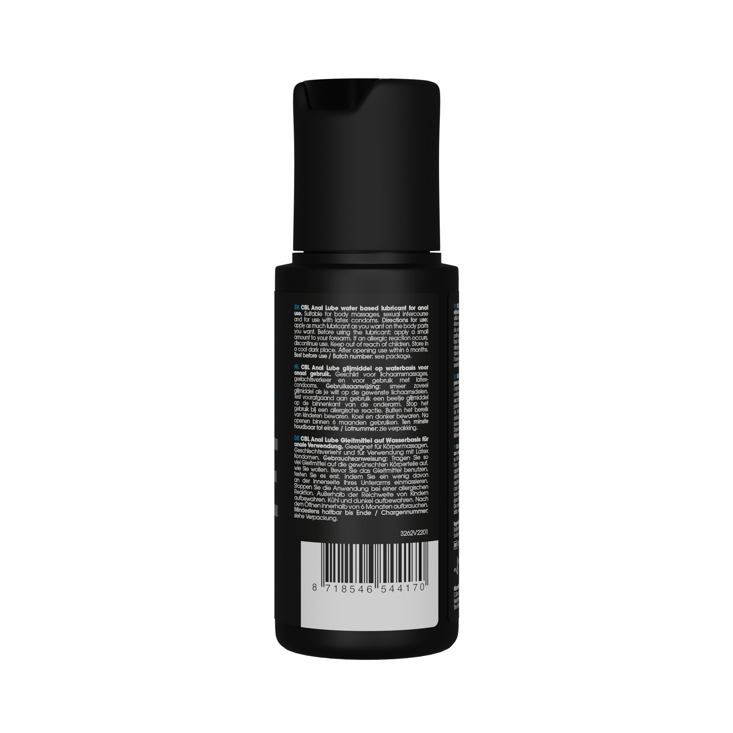 Rückseite einer schwarzen Flasche. Text in mehreren Sprachen. Barcode. Marke: Cobeco Body Lube.