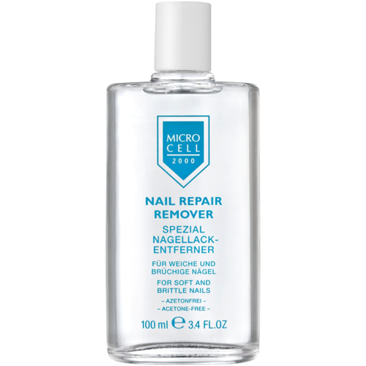Transparente Flasche mit weißem Deckel. Auf dem Etikett steht "MICRO CELL 2000 Nail Repair Remover".