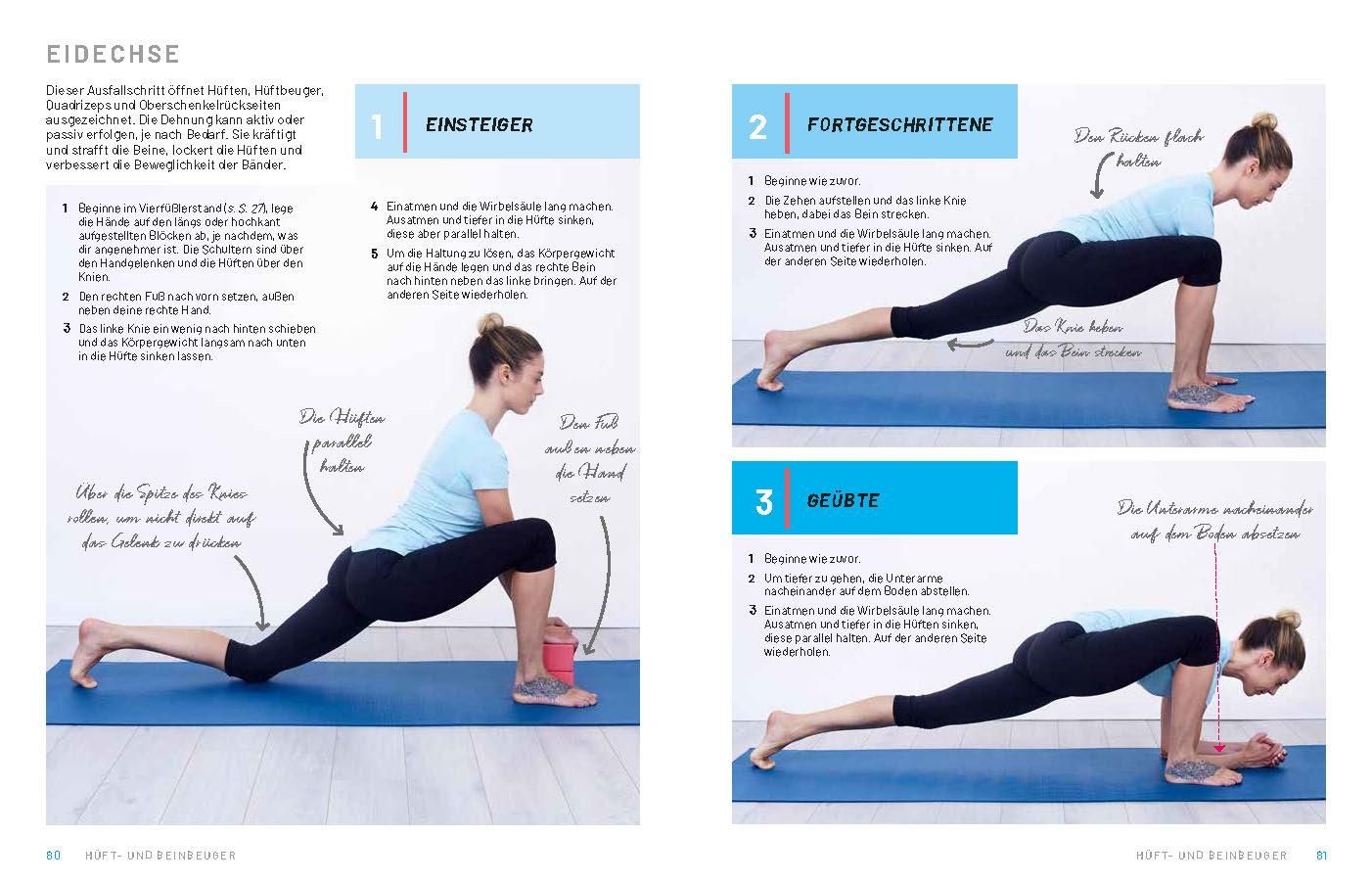 Buchseite mit Yoga-Anleitungen. Drei Fotos zeigen eine Person in der "Eidechse"-Pose. Text in deutscher Sprache.