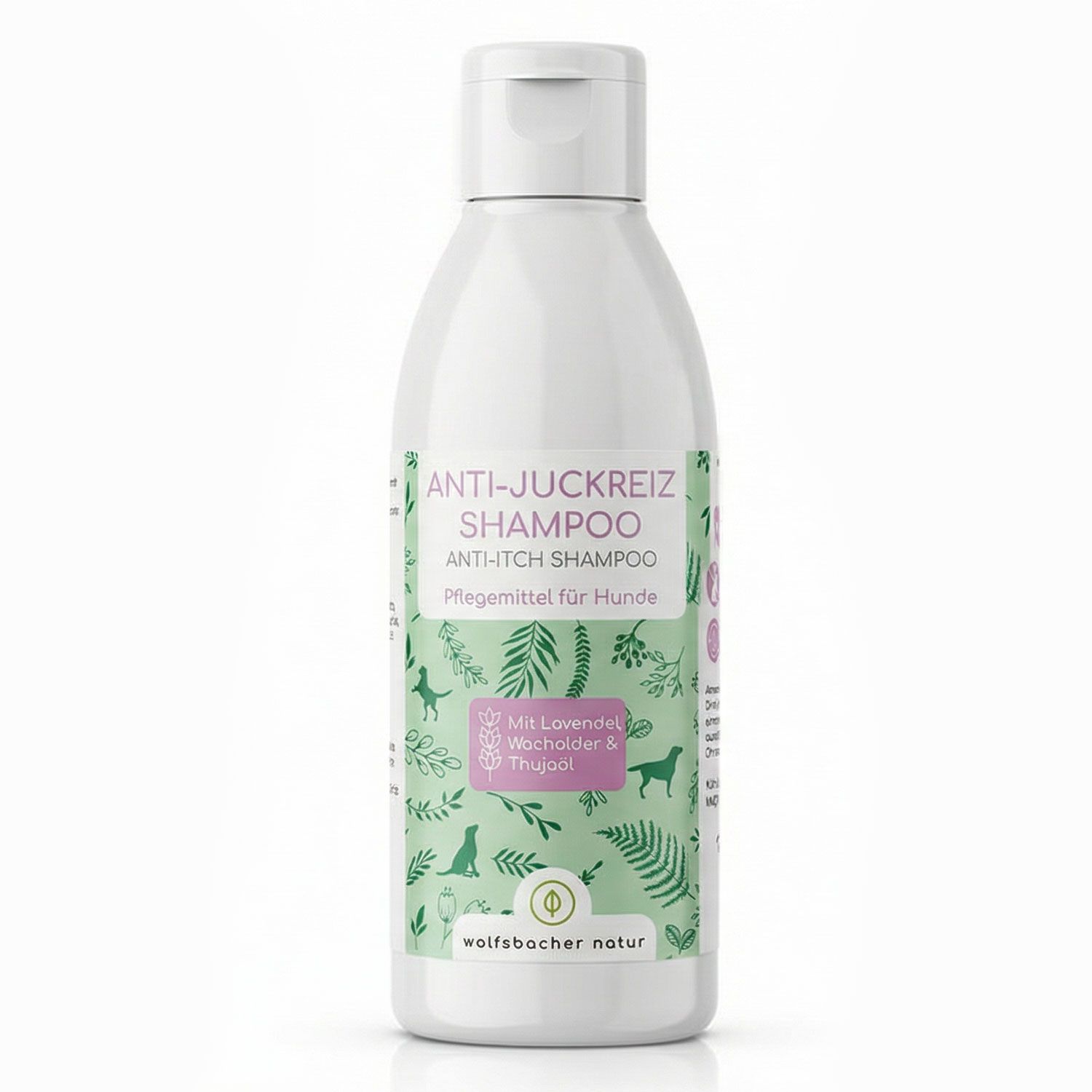 Weiße Flasche mit grünem Etikett. Aufschrift: Anti-Juckreiz Shampoo. Pflege für Hunde. Mit Lavendel, Wacholder & Thujaöl. Marke: Wolfsbacher Natur.