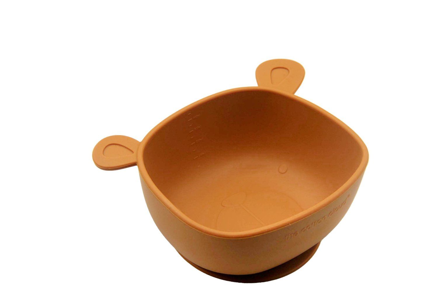 Orangefarbene Schüssel mit zwei Griffen. Aufkleber auf der Unterseite. Messskala innen.