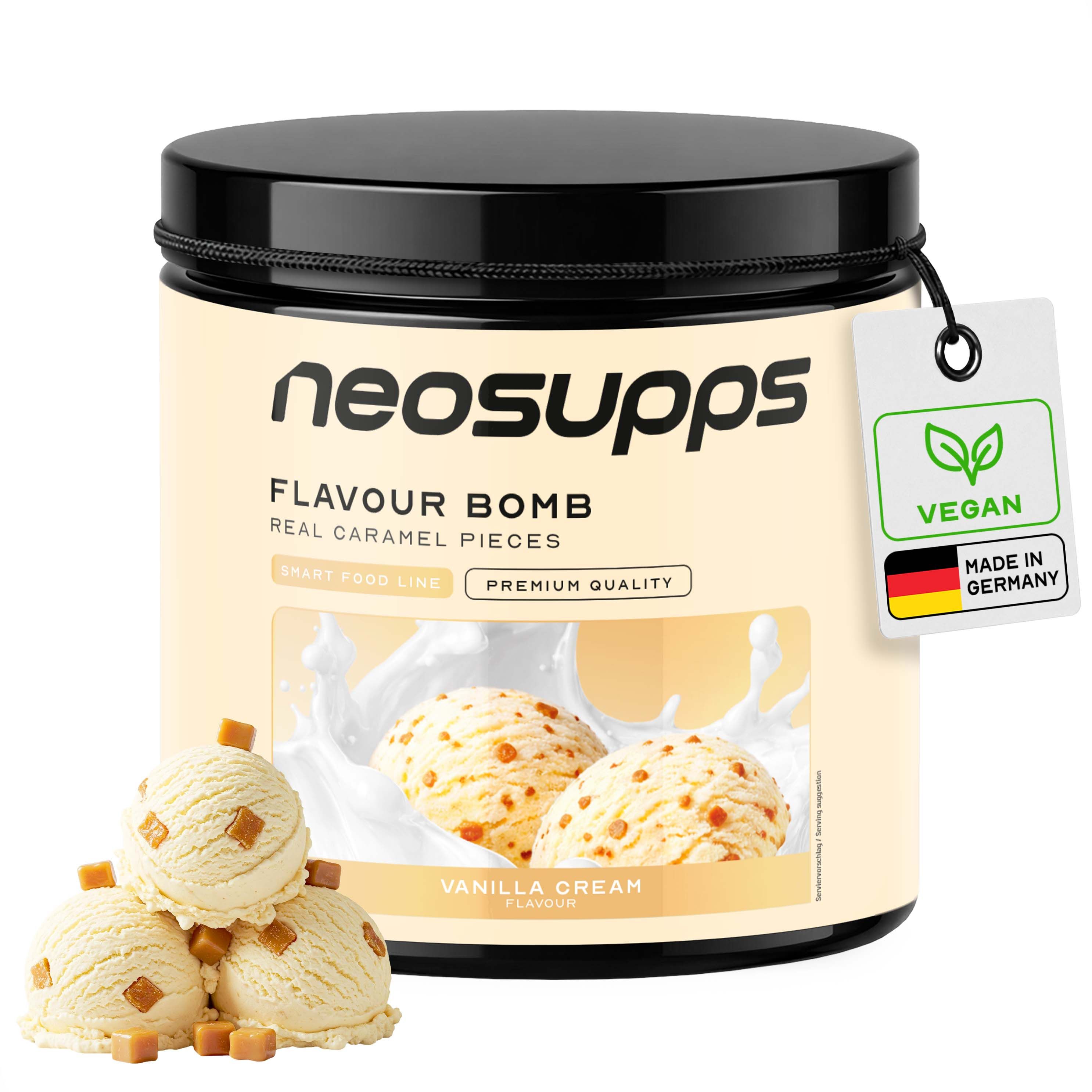 Neosupps Flavour Bomb Vanille Cream Aromapulver mit Karamellstückchen.