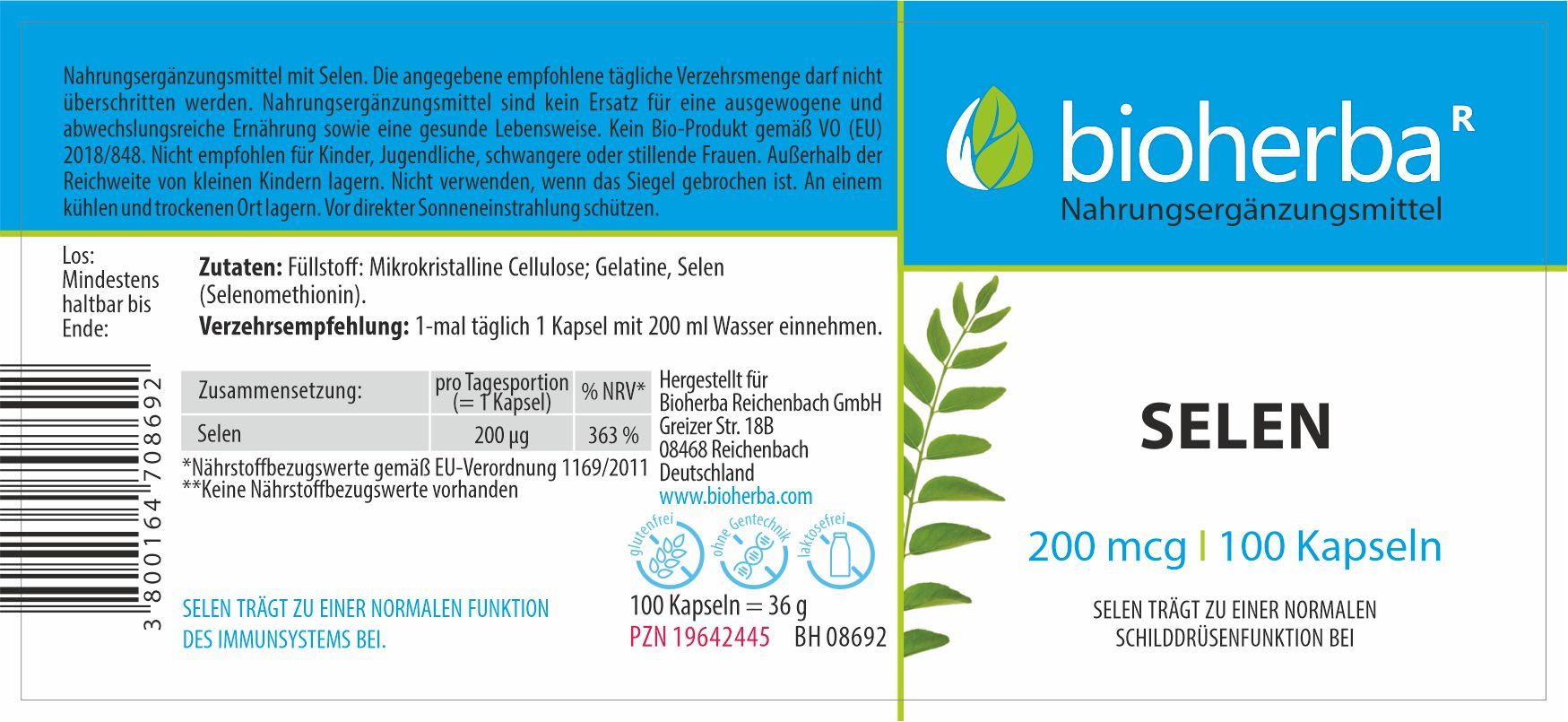 Etikett mit "bioherba" und "Selen". Enthält 100 Kapseln. Inhaltsstoffe und Verzehrempfehlung.