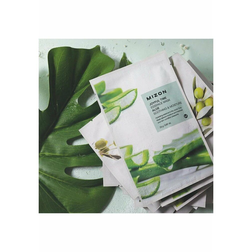 Gesichtsmasken-Packung mit Aloe Vera. Verpackung mit Produktnamen und Inhaltsstoffen. Aloe Vera-Blatt als Dekoration.