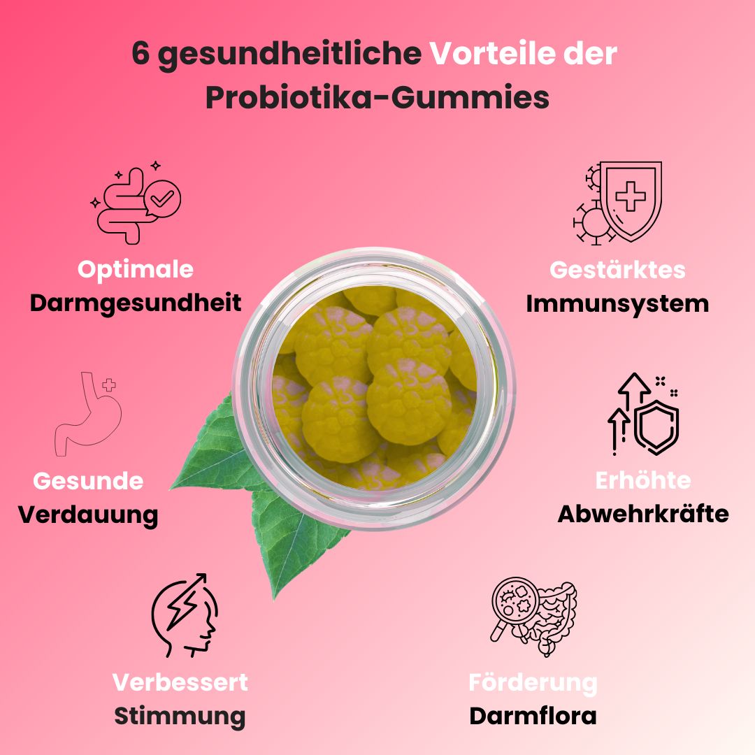 Glas mit gelben Gummibärchen, umgeben von Blättern. Text: 6 gesundheitliche Vorteile der Probiotika-Gummies.