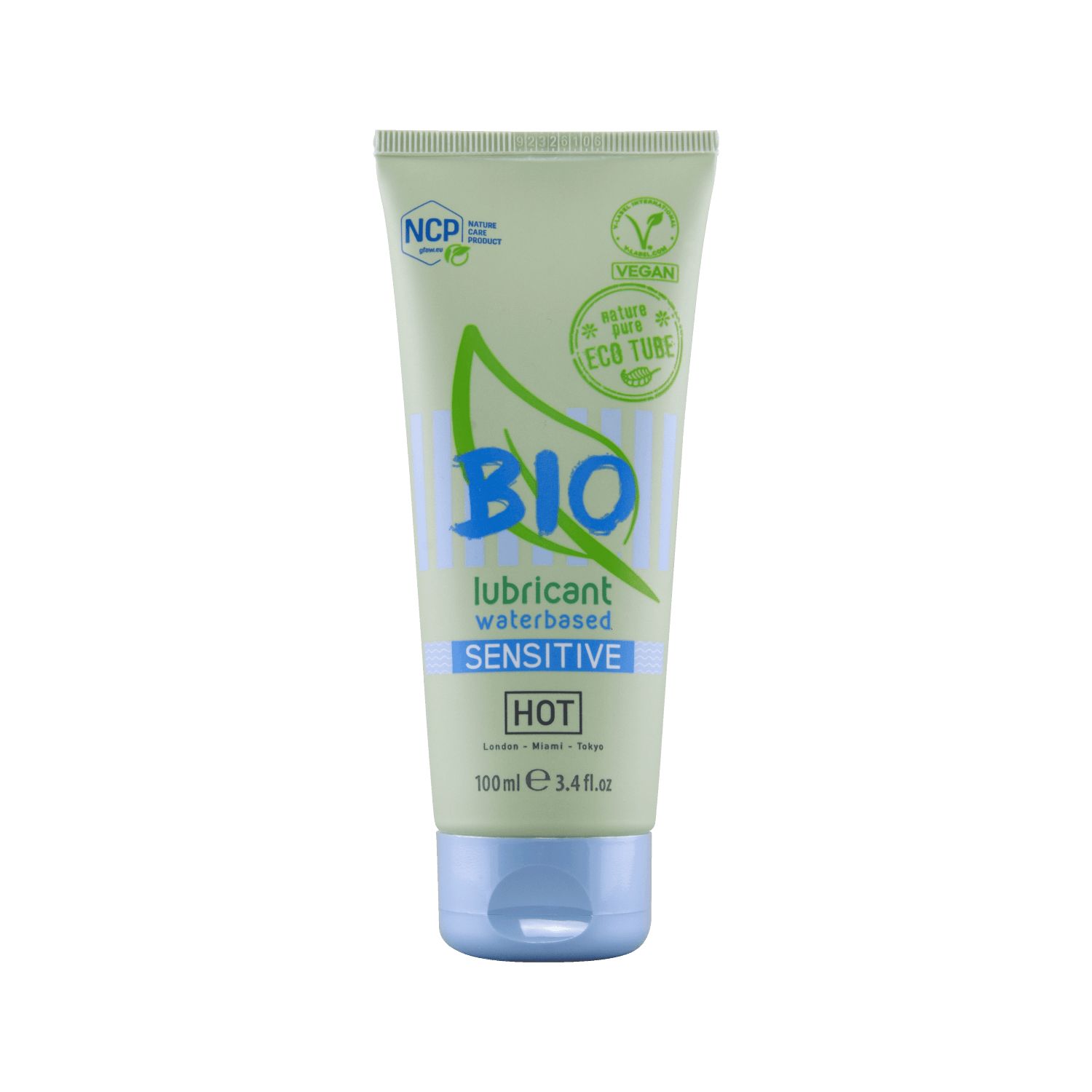 Tube mit BIO-Logo, waterbased SENSITIVE. Grün-weiß. Vegan-Siegel. Text: HOT, 100ml, nature pure eco tube.