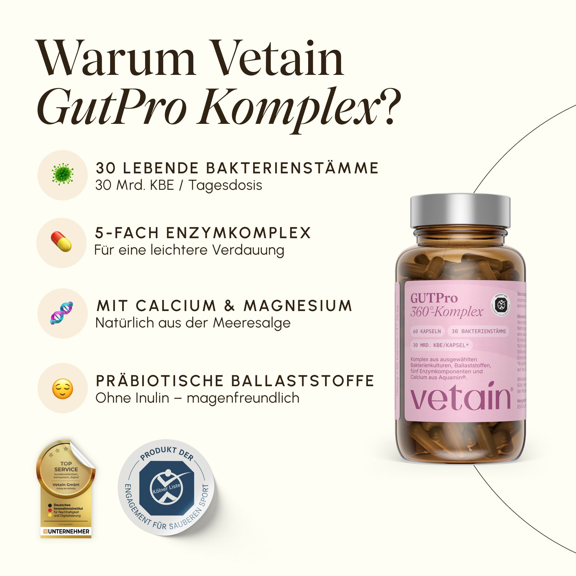 Vetain GutPro Komplex: 30 Bakterienstämme, 5-fach Enzymkomplex, Calcium & Magnesium, präbiotische Ballaststoffe.