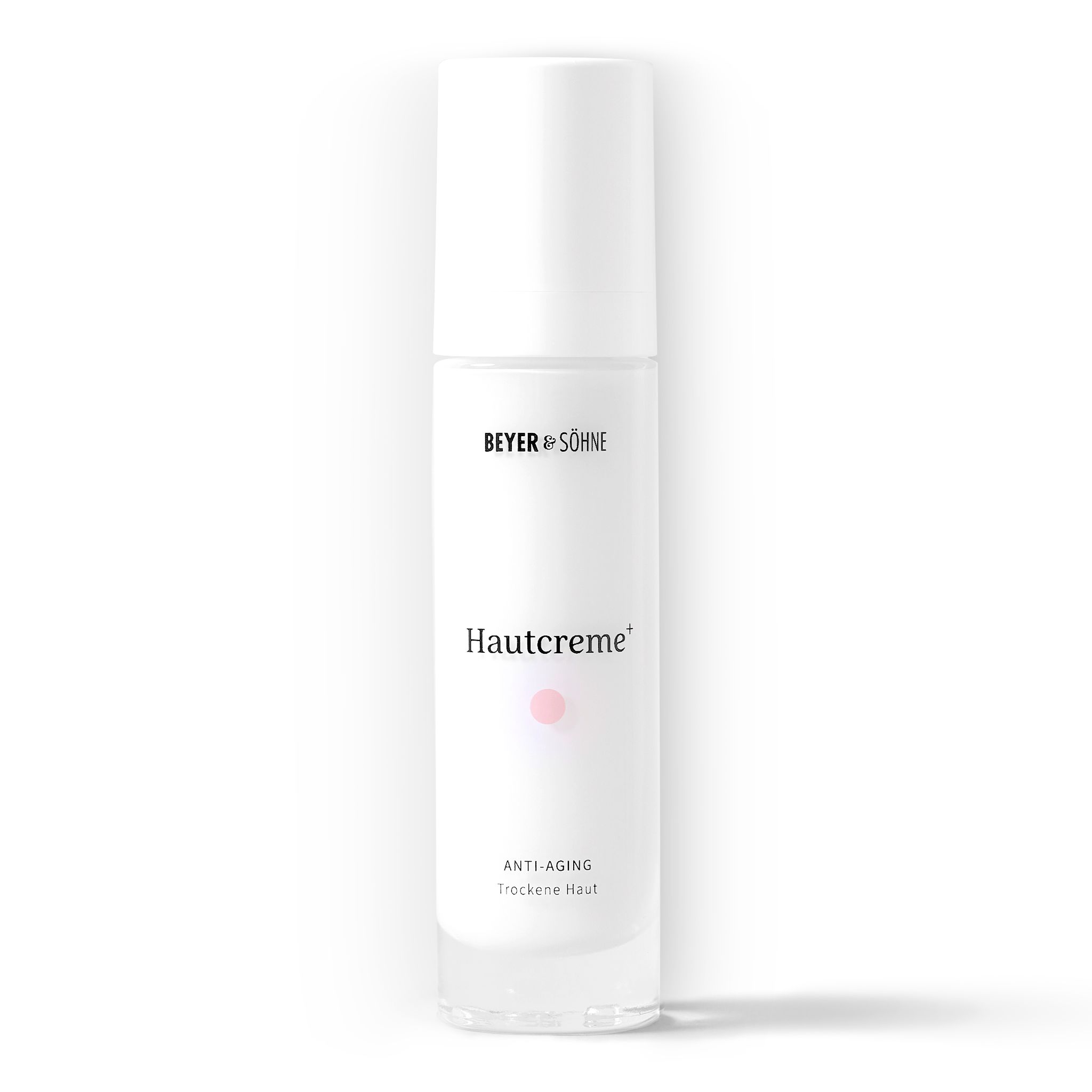 Weiße Flasche mit Produktaufschrift. Marke: Beyer & Söhne. Produktname: Hautcreme+. Anti-Aging-Gesichtspflege für trockene Haut.