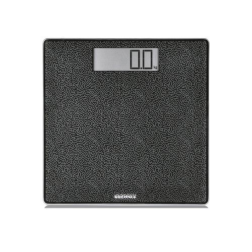 Personenwaage mit digitaler Anzeige. Schwarze Oberfläche mit Muster. SOEHNLE-Logo unten. Quadratische Form.