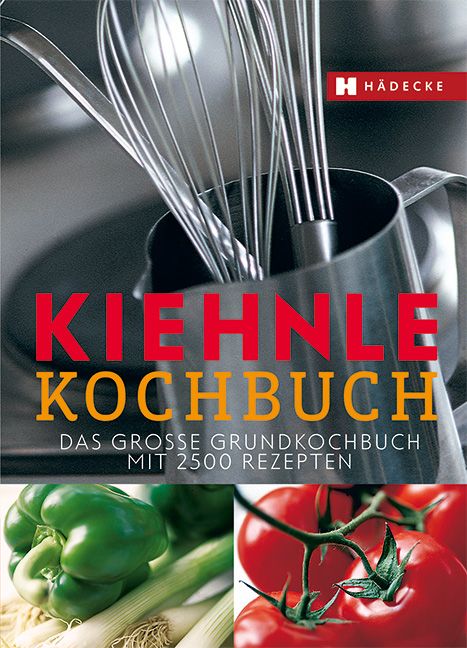 Kochbuch mit dem Titel "Kiehnle Kochbuch". Auf dem Cover sind Küchenutensilien, Gemüse und der Schriftzug "Hädecke" zu sehen.