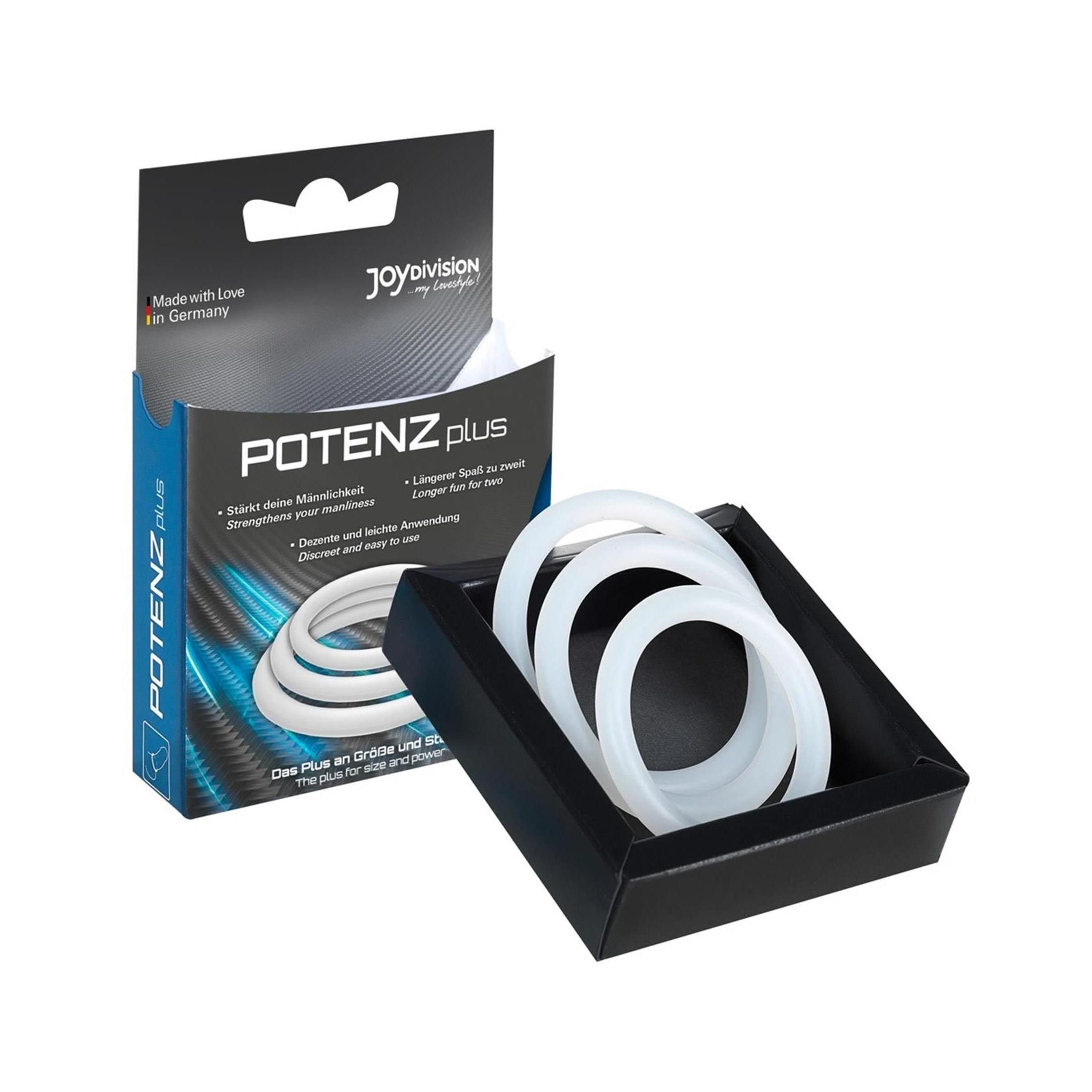 Verpackung mit drei weißen Ringen in einer schwarzen Schachtel. Marke POTENZplus.