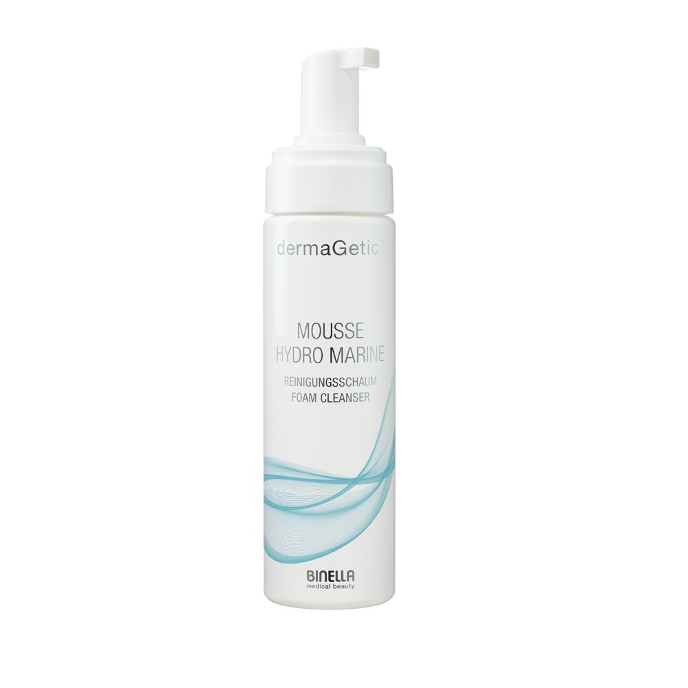 Weiße Flasche mit Pumpverschluss. Aufschrift: Mousse Hydro Marine, Reinigungsschaum, Foam Cleanser. Marke: Binella.