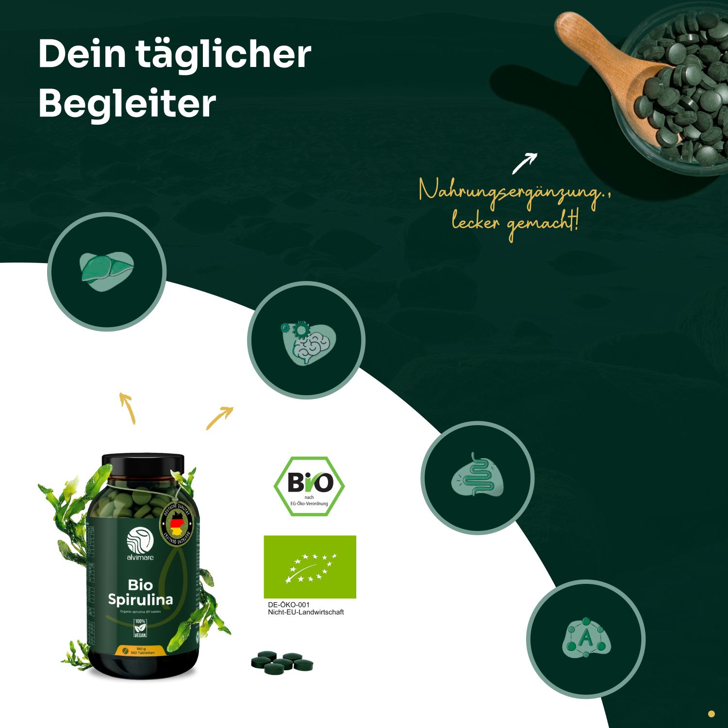Eine Flasche Bio Spirulina und grüne Tabletten in einer Holzschale. Logos: Bio, EU-Bio-Siegel. Text: Dein täglicher Begleiter.