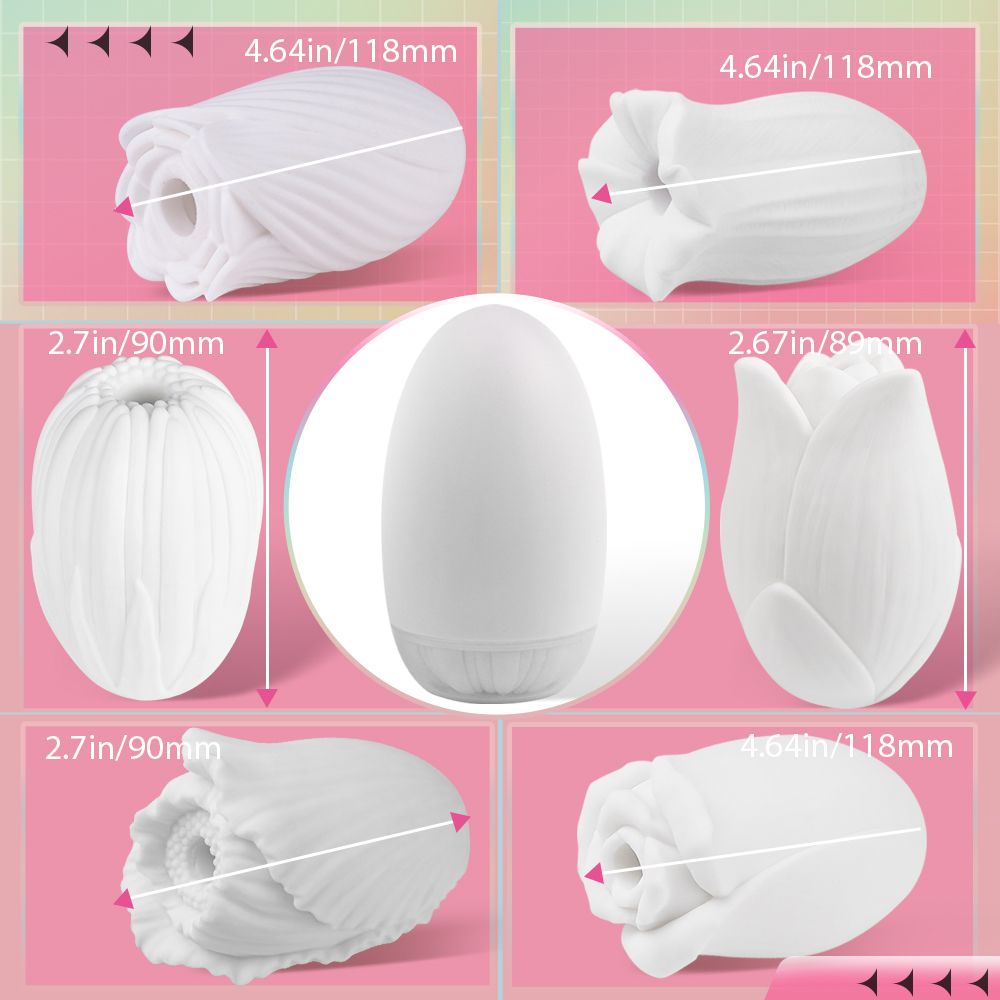 Sechs weiße Masturbatoren in Blütenform. Größenangaben in Zoll und mm. Verschiedene Formen.