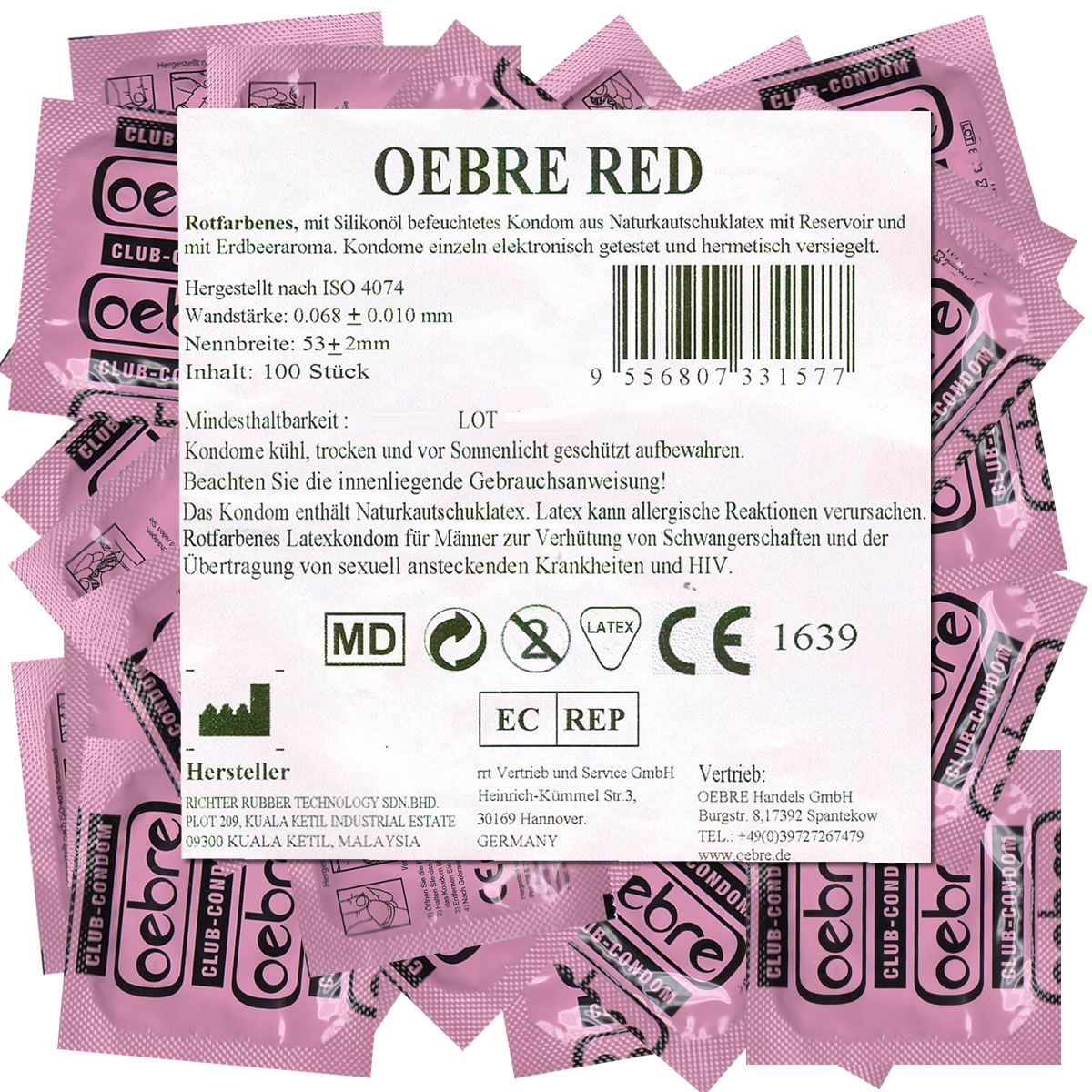 Présentation de préservatifs roses Oebre Red Club-Condom. Emballage individuel. Certifications: CE 1639, Latex.