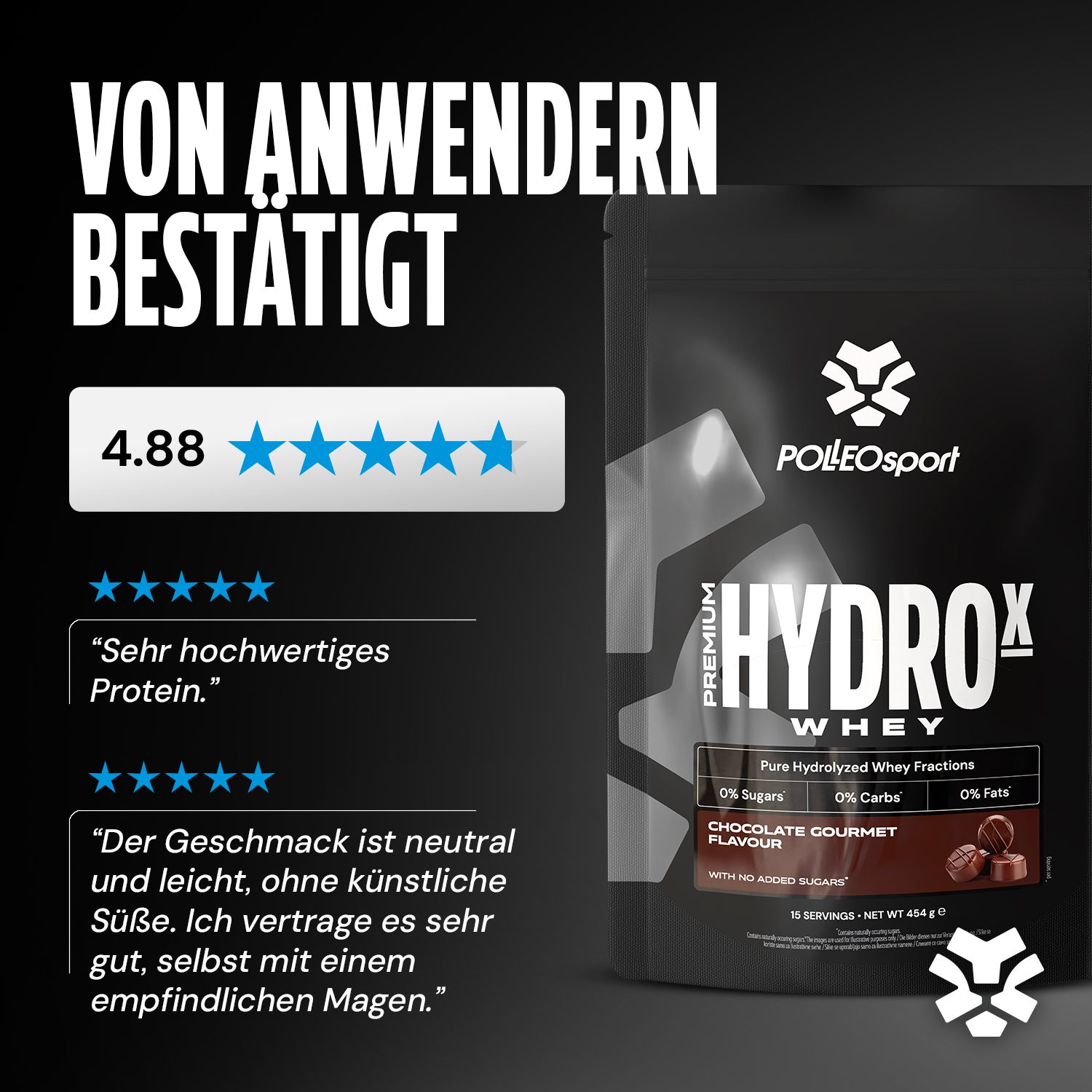 Schwarze Verpackung von HydroX Whey. Text: Von Anwendern bestätigt. 4.88 Sterne Bewertung. PolleoSport Logo. Produktname, Geschmacksrichtung, Nährwertangaben.