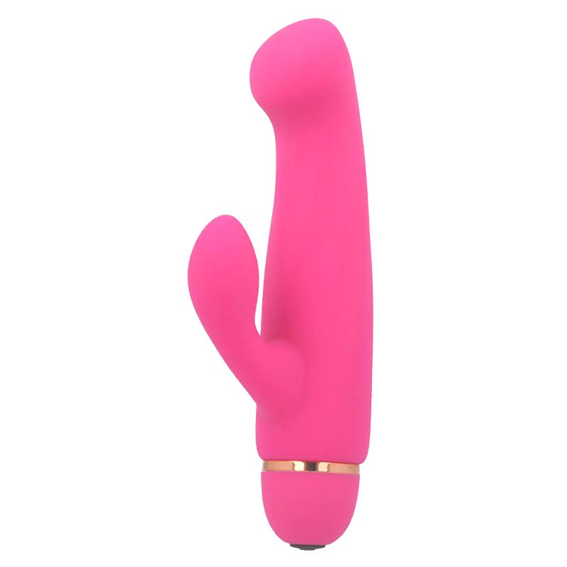 Pinkfarbener Vibrator mit gebogener Form. Goldfarbener Ring am unteren Ende. Glatte Oberfläche.