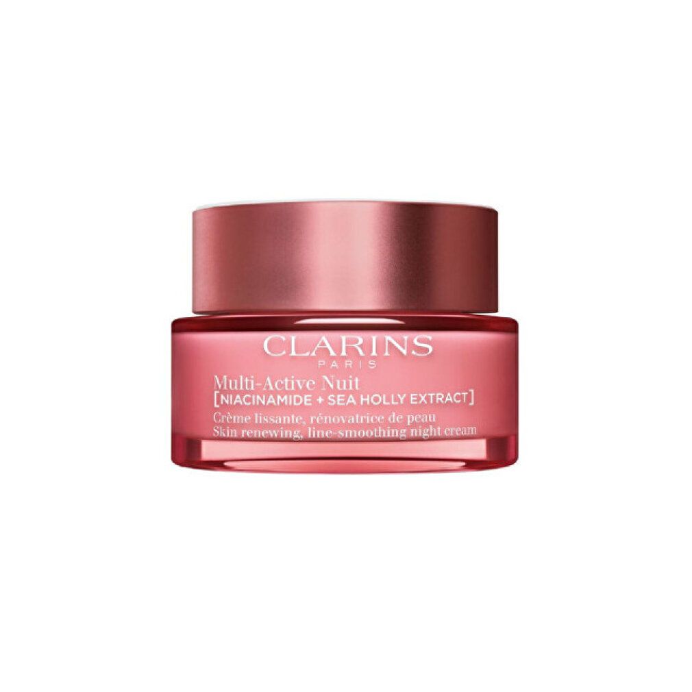 Rosa Tiegel mit Deckel. Aufschrift: Clarins Paris, Multi-Active Nuit. Creme für die Nacht. Hauterneuerung, glättend.