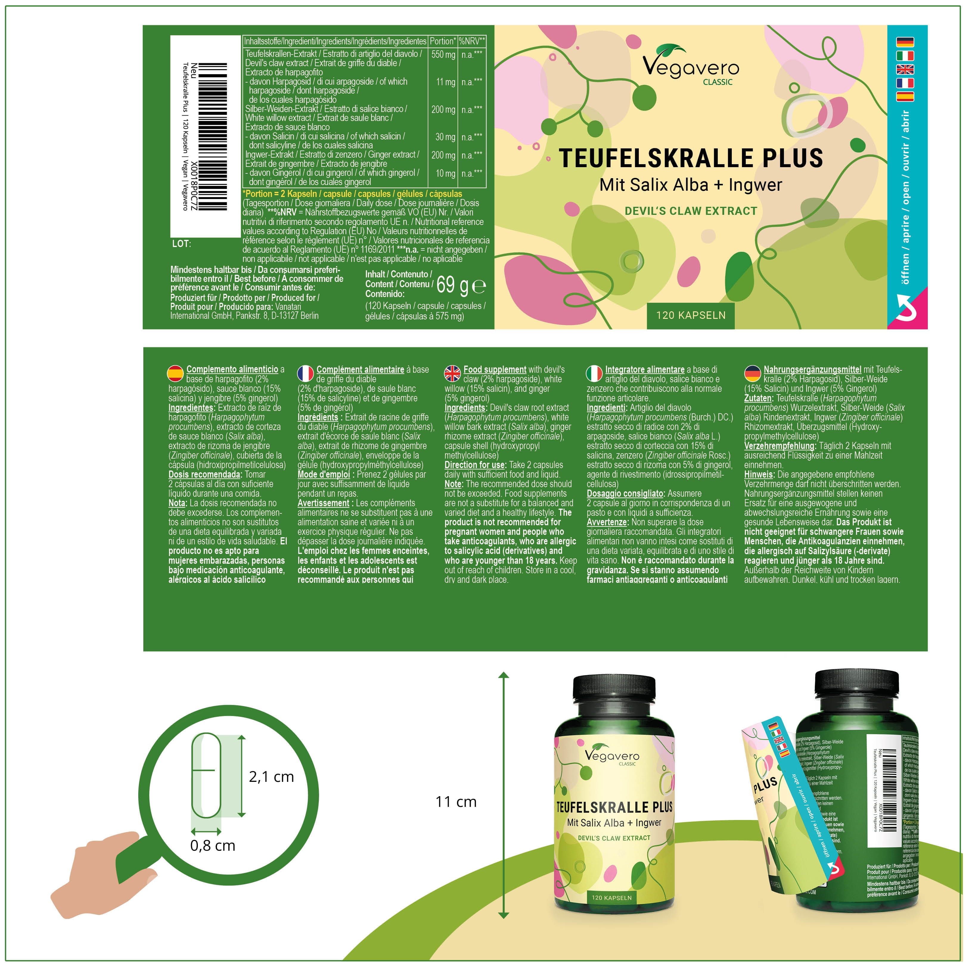 Produktverpackung mit Informationen. Flasche mit Kapseln. Kapsel-Größenvergleich. 11 cm hoch. Vegavaro Classic Logo.