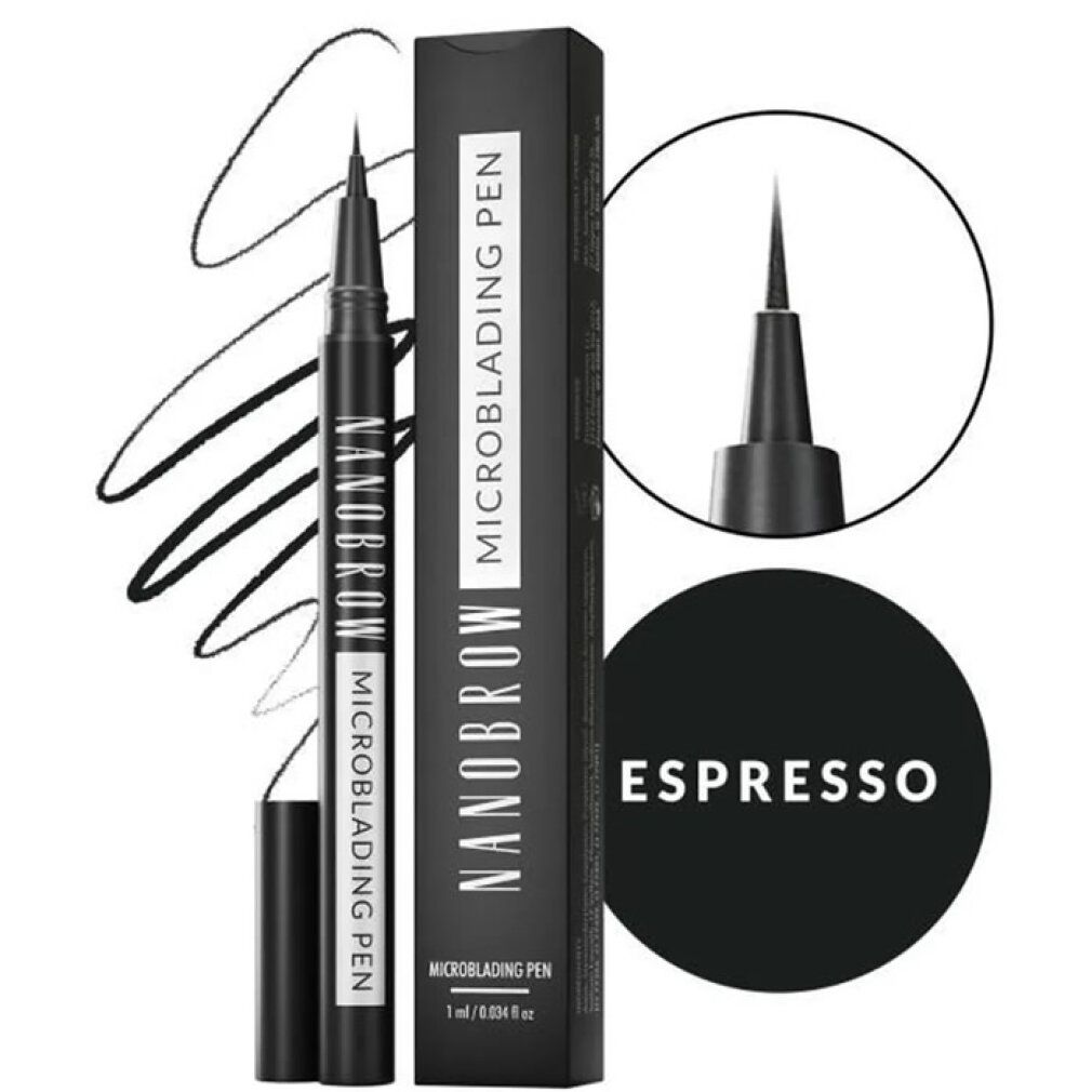 Schwarzer Stift mit der Aufschrift "Nanobrow Microblading Pen". Schwarze Verpackung mit Produktnamen und "Espresso" in einem Kreis.