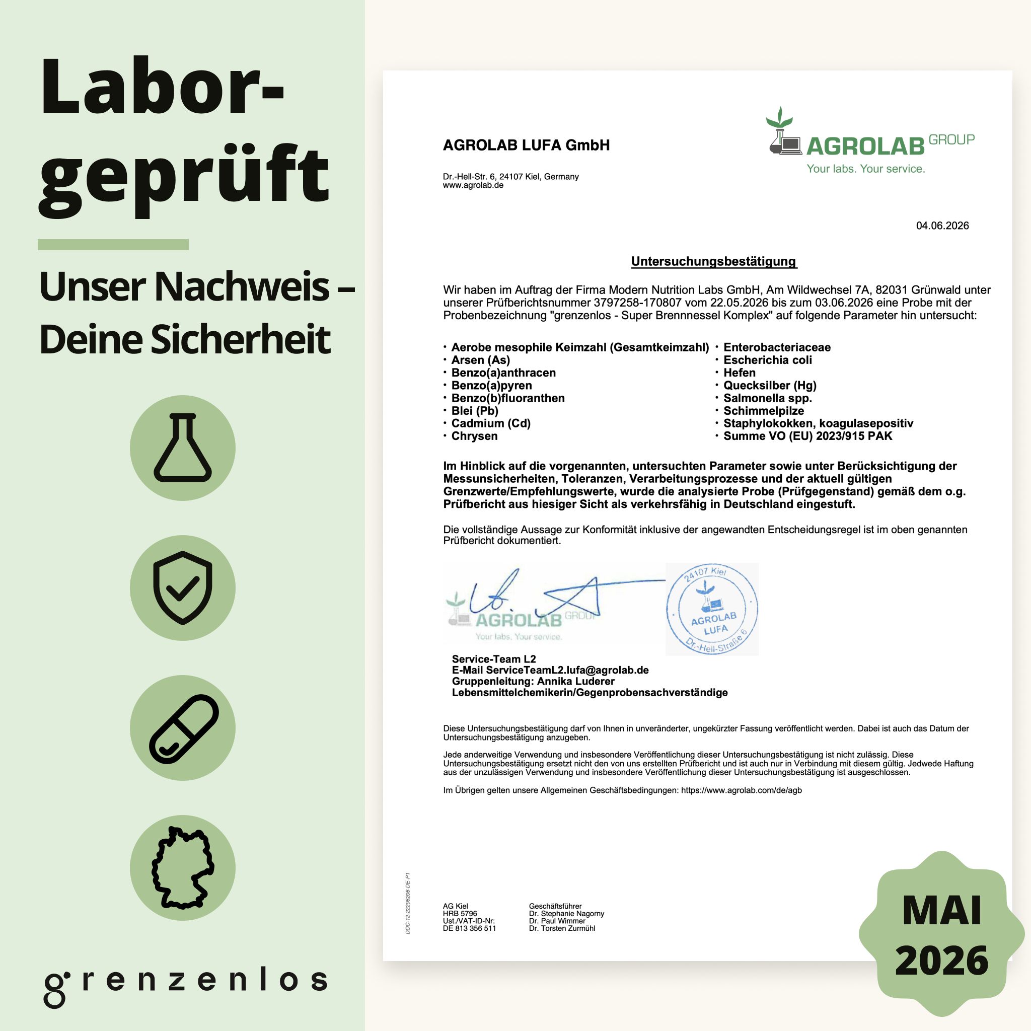 Laborbericht "AGROLAB LUFA GmbH" für "grenzenlos". "Labor-geprüft". "Mai 2026" Haltbarkeitsdatum.