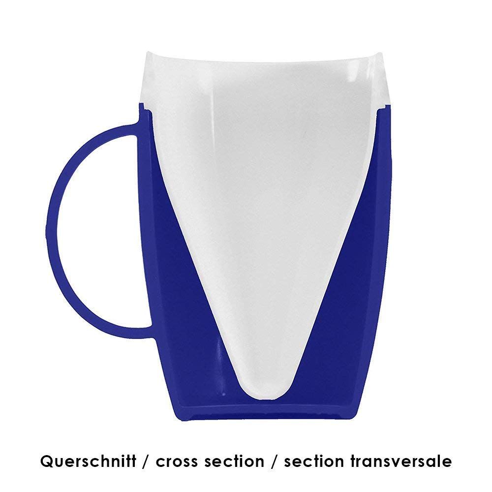 Querschnitt eines blauen Bechers mit weißem Trinkaufsatz.