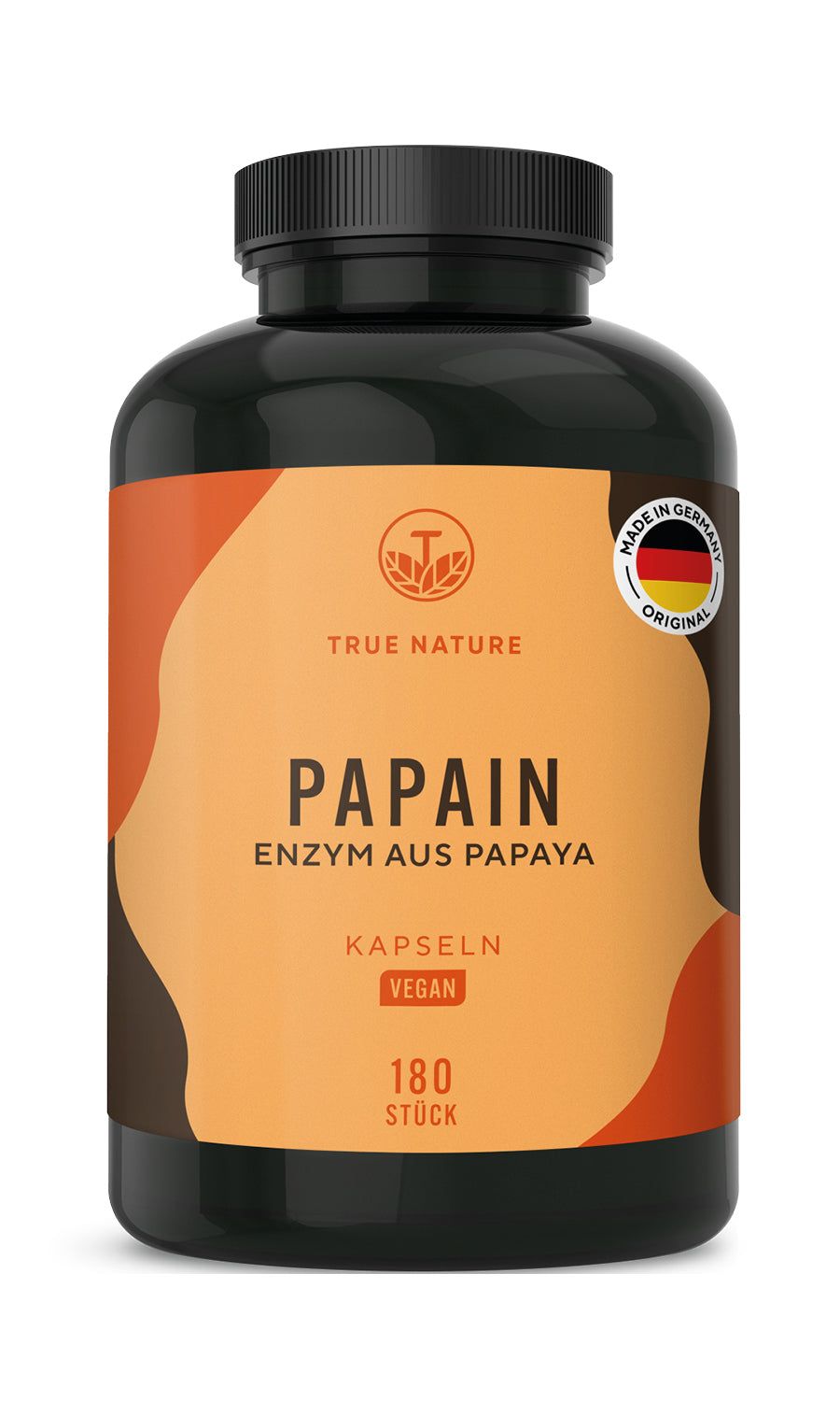 Braune Flasche mit Papain Kapseln. Aufschrift: Papain, Enzym aus Papaya, Kapseln, Vegan, 180 Stück. Siegel: Made in Germany.