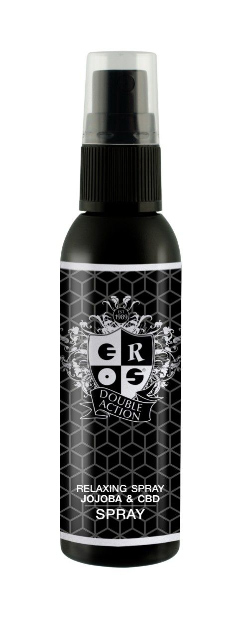 Schwarze Sprühflasche mit weißem Etikett. Logo: EROS, Doppelwirkung. Text: Relaxing Spray Jojoba & CBD Spray.