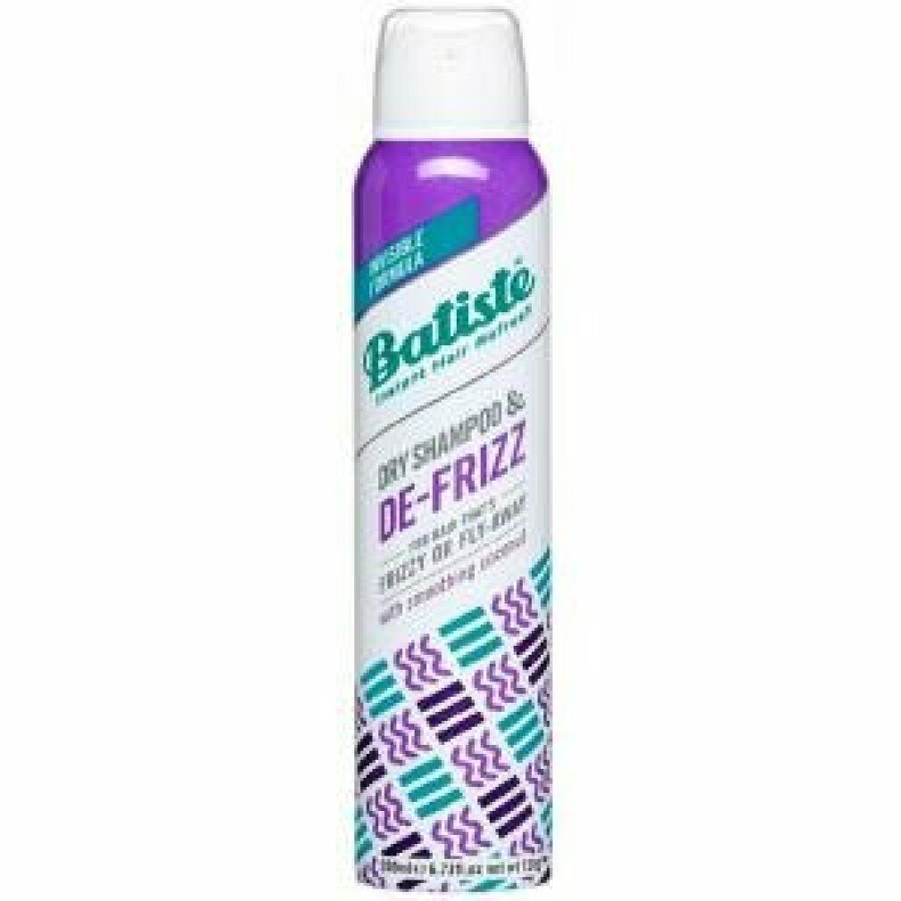 Batiste Trockenshampoo De-Frizz. Lila Dose mit weißem Deckel. Text: Instant Hair Refresh, Dry Shampoo & De-Frizz.