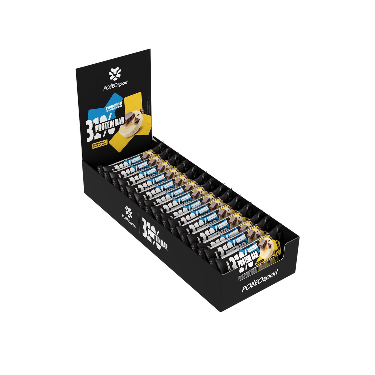 Schwarzer Karton mit Proteinriegeln. Aufdruck: PolleoSport, 31% Protein Bar. Display mit Riegeln in Reihe.