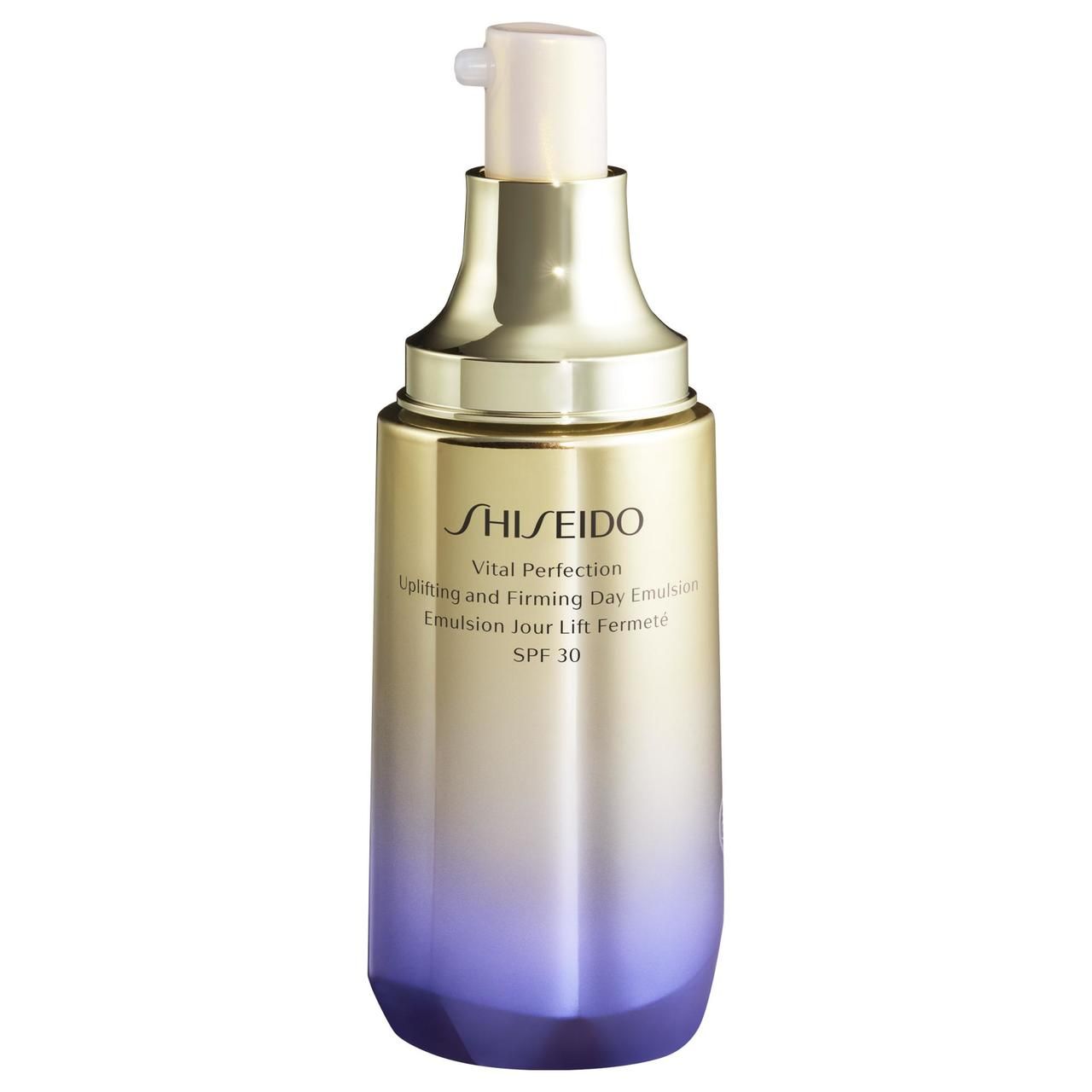 Shiseido Vital Perfection Emulsion. Flasche mit goldfarbenem Deckel und Pumpmechanismus. Farbverlauf von Gold zu Violett.