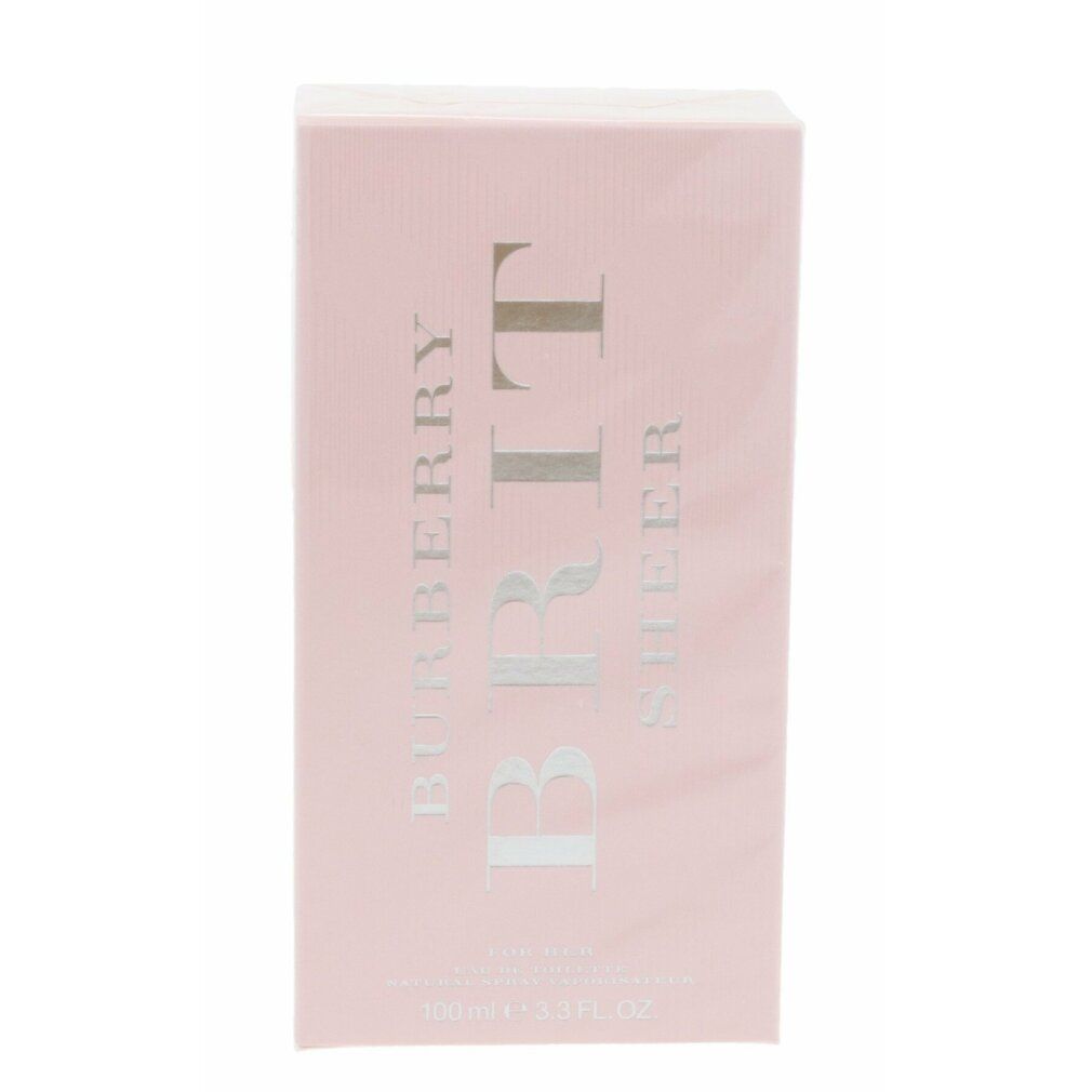 Rosa Verpackung mit Aufschrift Burberry Brit Sheer. Silberne Schrift. Rechteckige Form. Produktverpackung.