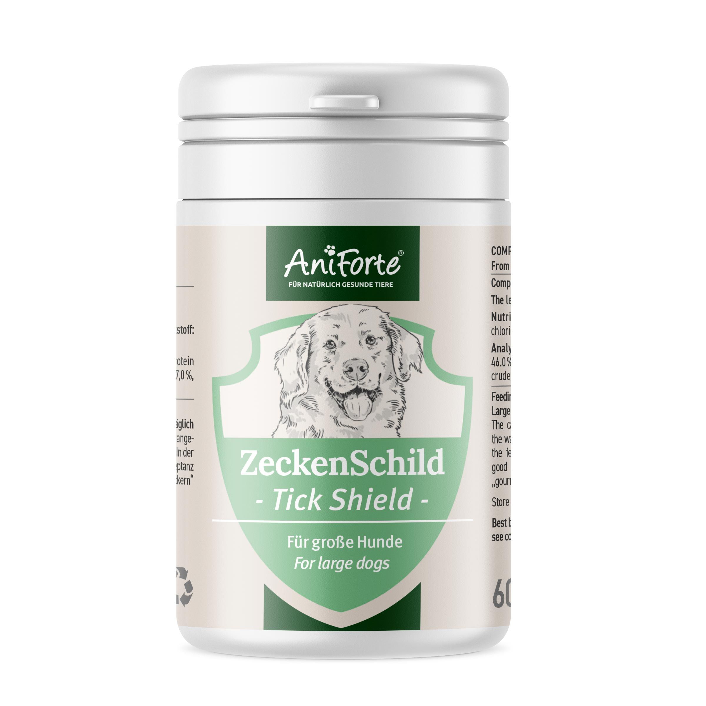 Weiße Dose mit grünem Etikett. Aufschrift: AniForte, ZeckenSchild, Für große Hunde. Enthält 60 Tabletten.
