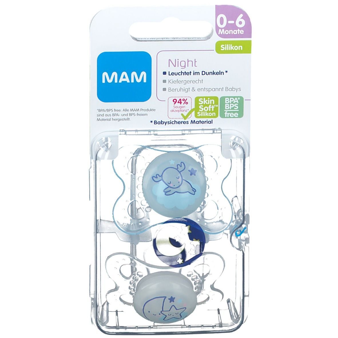 Zwei MAM Night Silikon Schnuller in Blisterverpackung. Leuchtend im Dunkeln. Geeignet für 0-6 Monate.