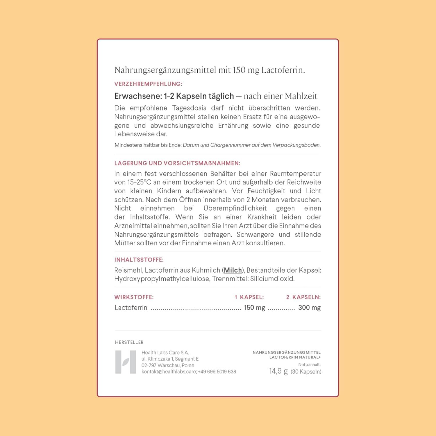 Text auf beigem Hintergrund. Informationen zu Dosierung, Inhaltsstoffen, Lagerung und Vorsichtsmaßnahmen. Herstellerinformationen.