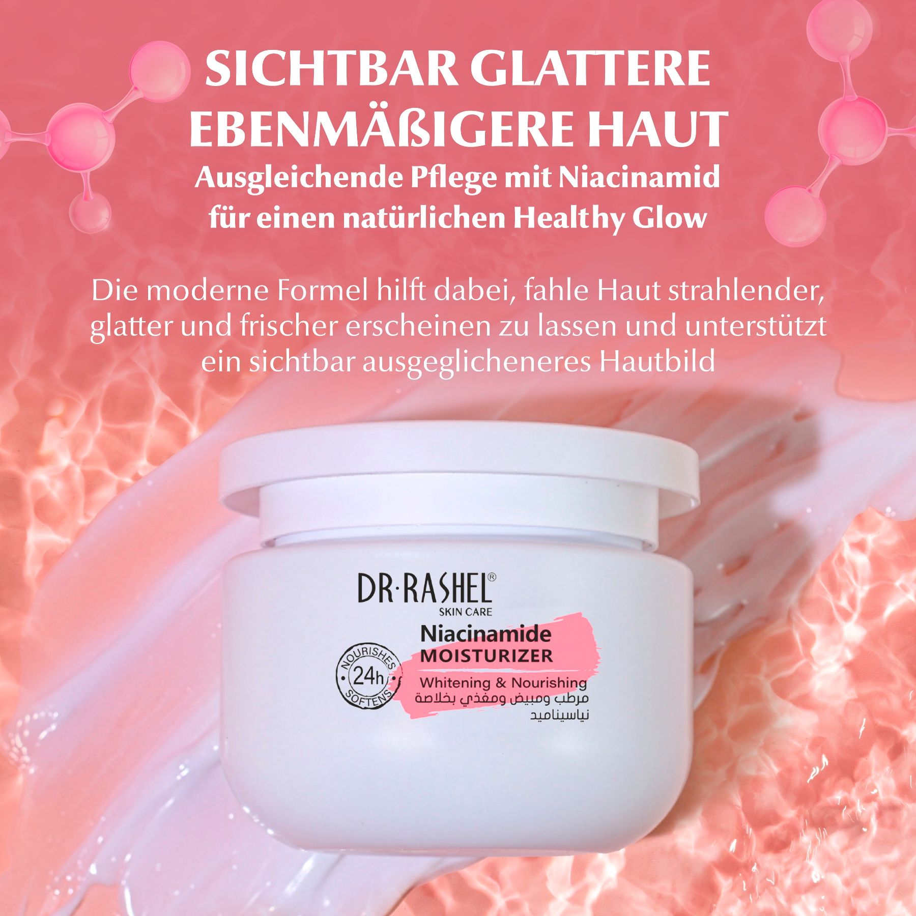 Dr. Rashel Niacinamide Moisturizer in weißem Tiegel mit rosa Akzenten.