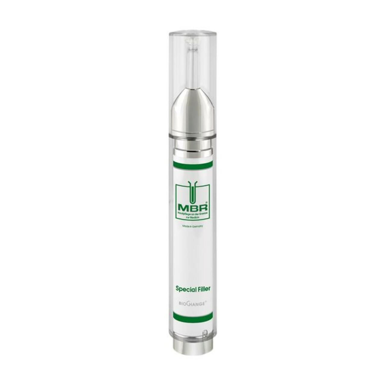 Transparente Flasche mit silberner Spitze und grünem MBR-Logo. Beschriftung "Special Filler" und "BioChange".