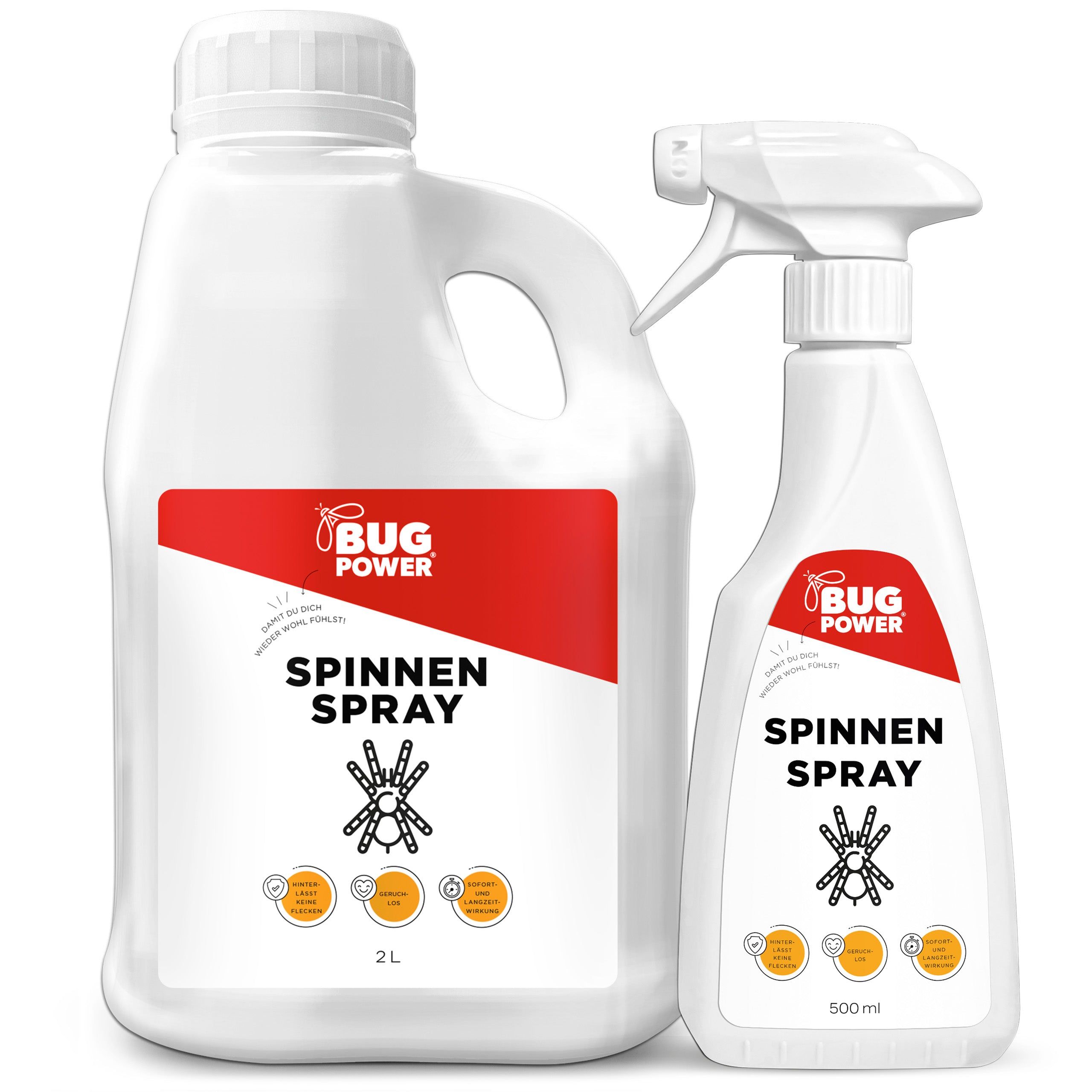 Zwei weiße Sprühflaschen. Eine große Flasche mit Griff und eine kleinere Sprühflasche. Beide tragen das Logo "Bug Power" und den Schriftzug "Spinnen Spray".