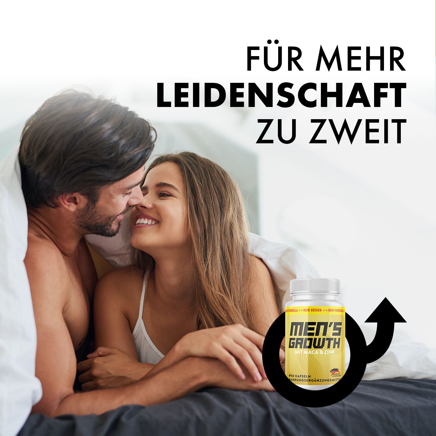 Paar im Bett. Gelbe Flasche mit weißem Deckel. Aufschrift: MEN'S GROWTH, MIT MACA & ZINK. Männlichkeitszeichen.