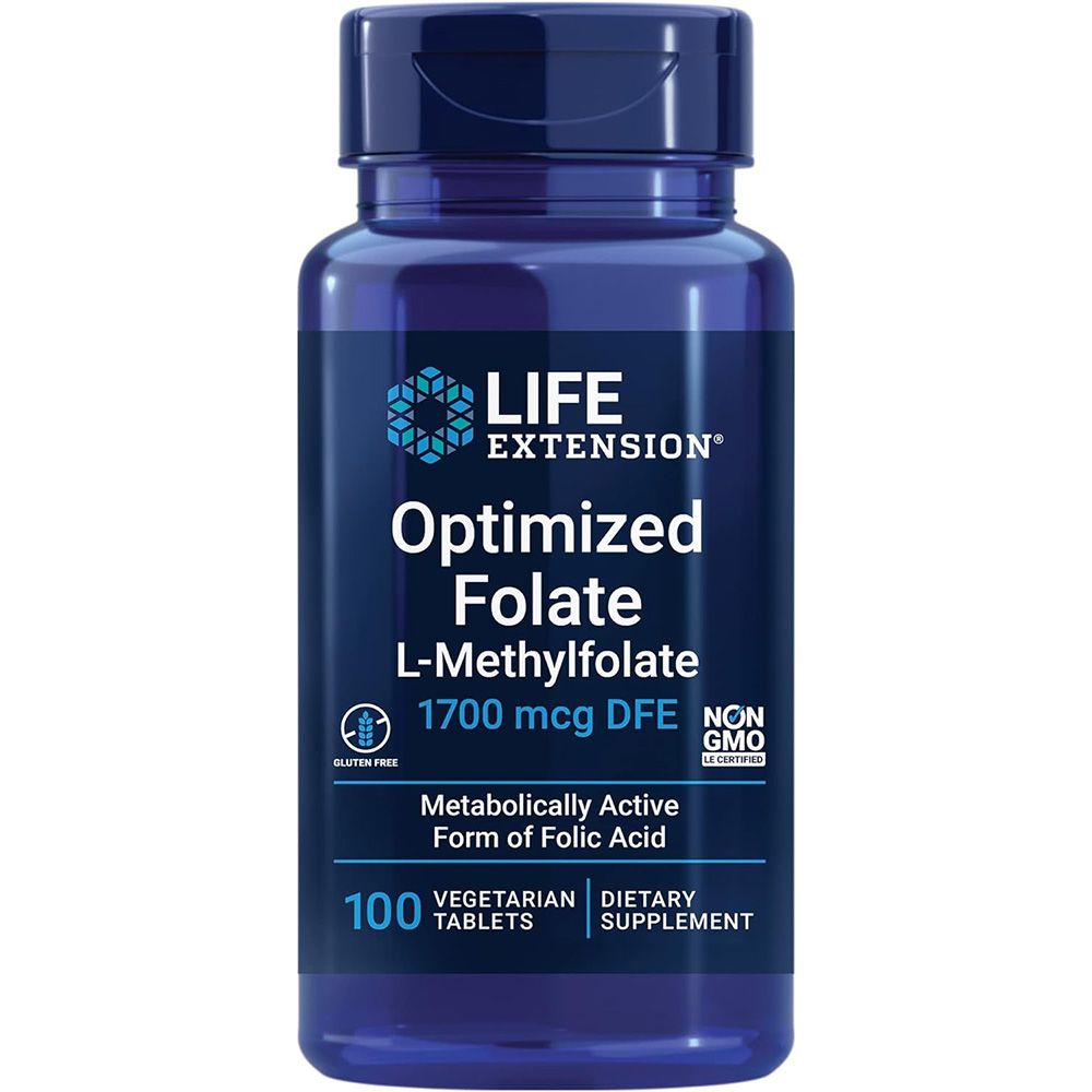 Blaue Flasche mit Tabletten. Aufschrift: Life Extension, Optimized Folate, L-Methylfolate, 1700 mcg DFE, 100 Tabletten.