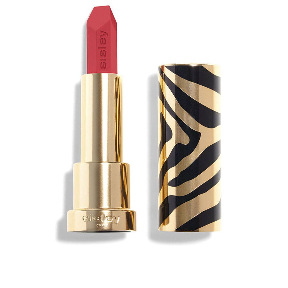Lippenstift Sisley Le Phyto Rouge, goldfarbenes Gehäuse, roter Lippenstift, offene Kappe mit Zebra-Muster.