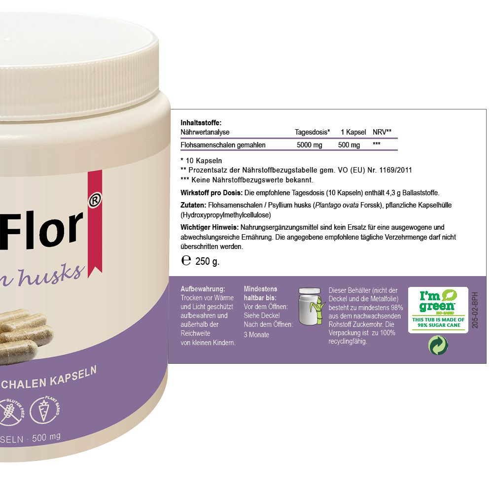 Behälter mit SylliFlor Psyllium husks Kapseln und Text auf Etikett. Enthält Nährwertangaben und Inhaltsstoffe. 250g.