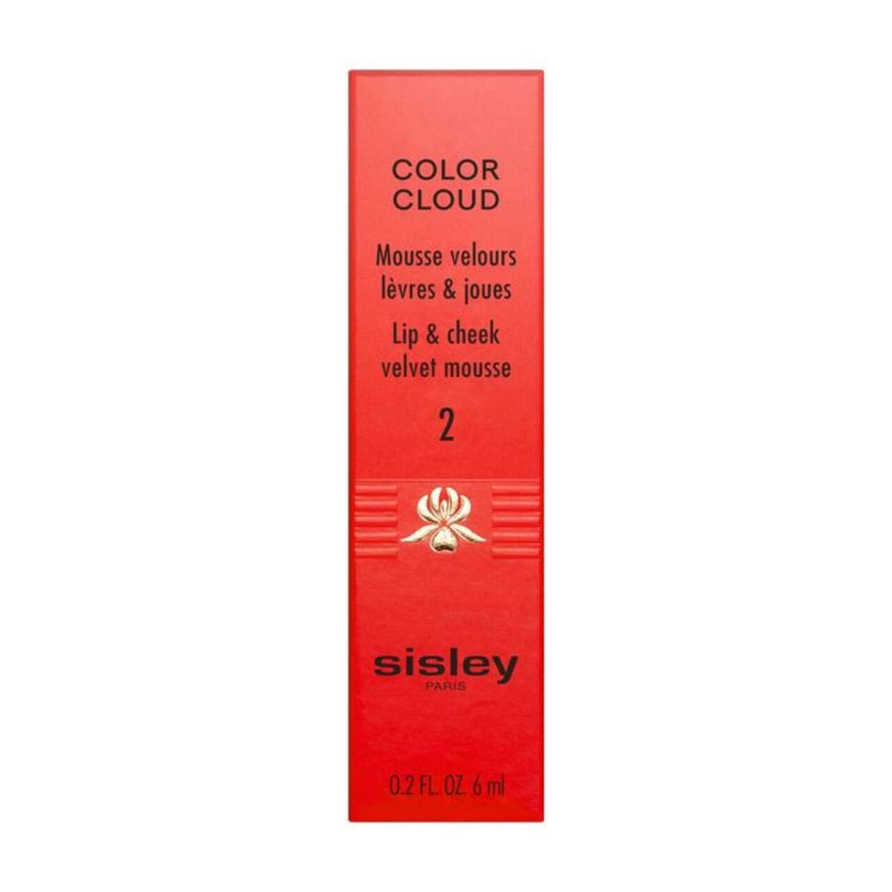 Rote Verpackung mit Produktbezeichnung: COLOR CLOUD 2. Text: Mousse velours lèvres & joues. Marke: sisley paris. Volumen: 6 ml.