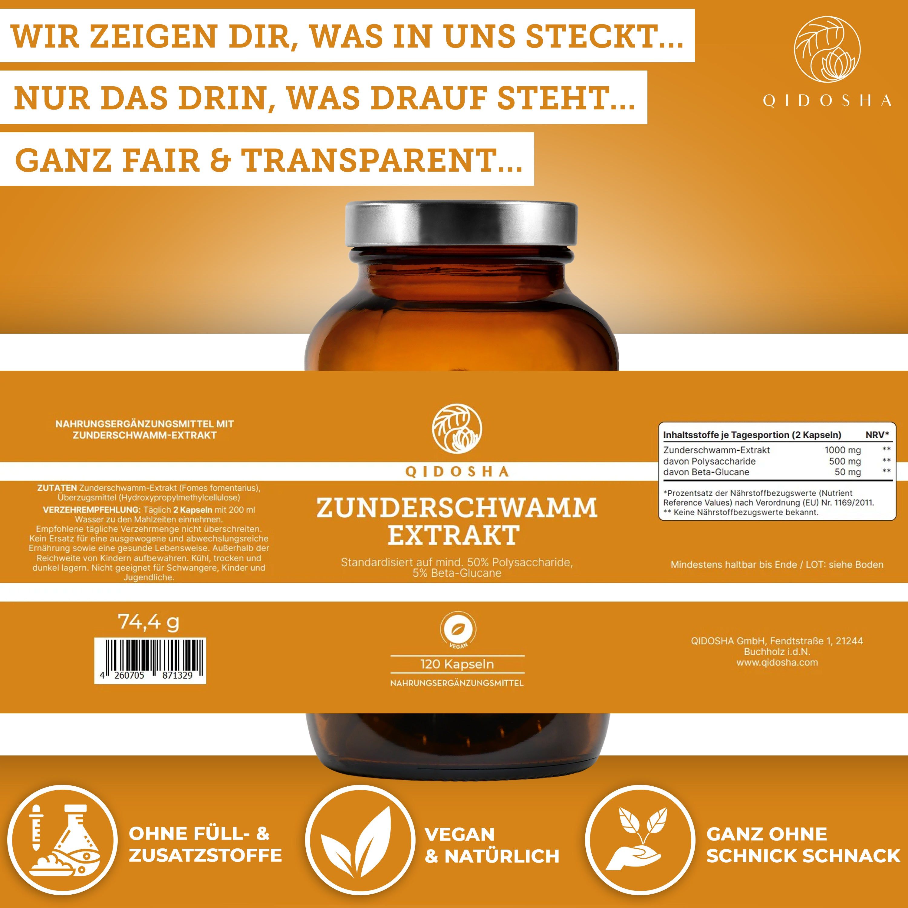 QIDOSHA Zunderschwamm Extrakt: Etikett mit Nährwertangaben, Inhaltsstoffen und Zertifizierungen.