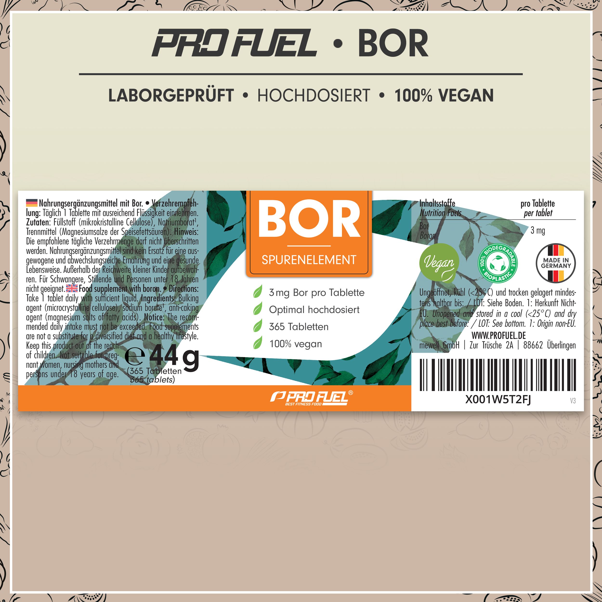 Etikett einer BOR-Tablettenflasche. Text: 3 mg Bor pro Tablette, 365 Tabletten, 100% vegan.