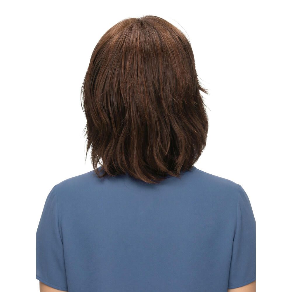 Kurzhaarperücke in Braun. Rückansicht. Die Haare sind gewellt und fallen bis zum Nacken.